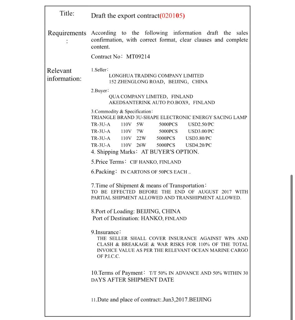 Draft the export contract (020105) According to