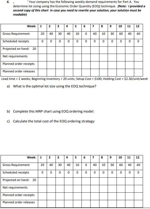 6. Your company has the following weekly demand