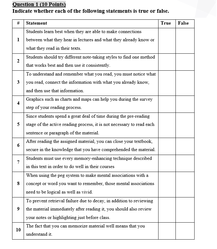 Question 1 (10 Points) Indicate whether each of