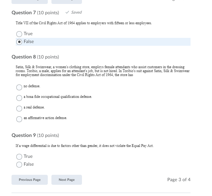 Question 7 (10 points) Saved Title VII of the