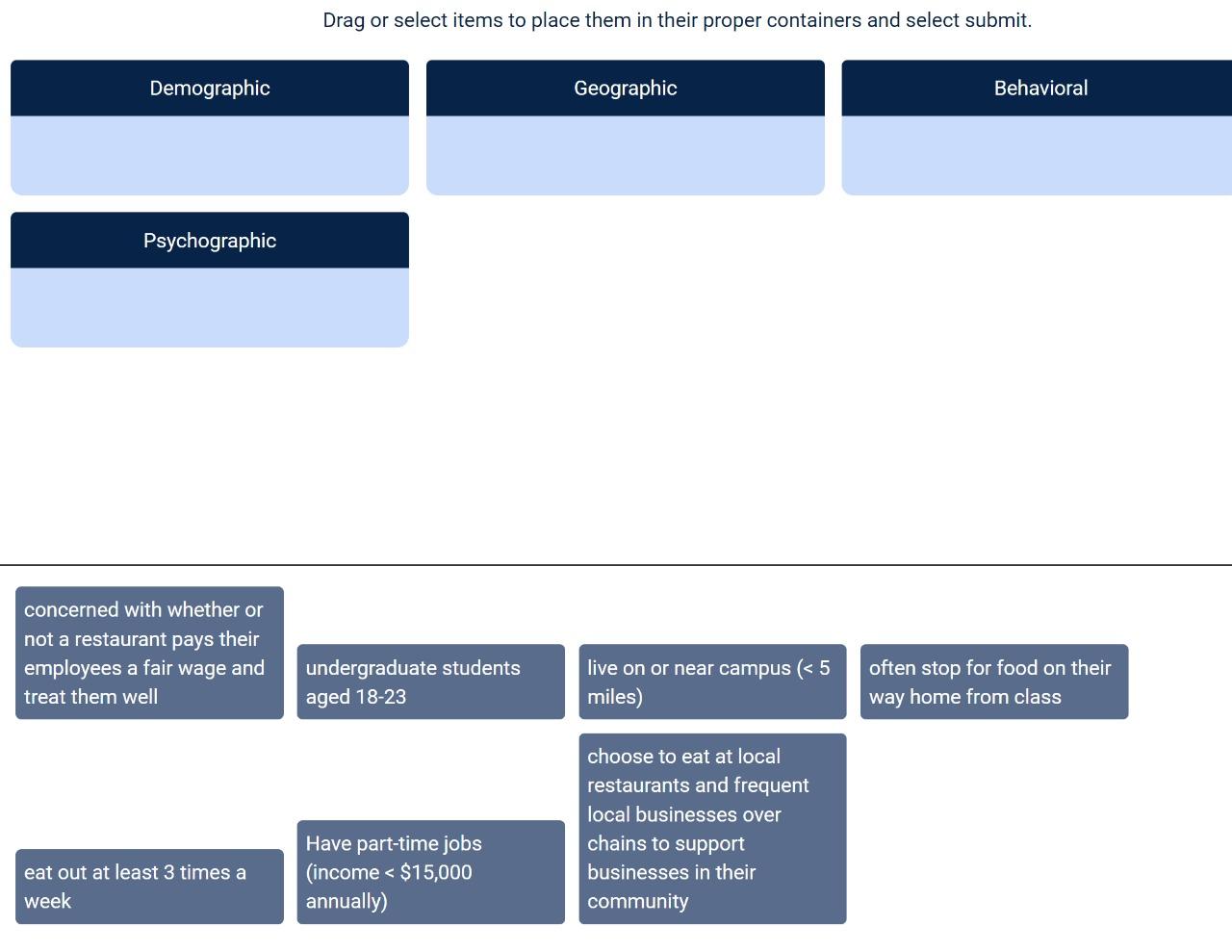 Drag or select items to place them in their