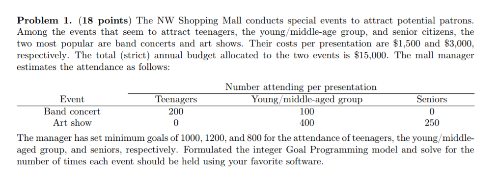 Problem 1. (18 points) The NW Shopping Mall