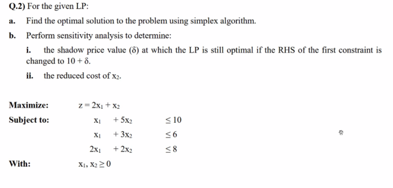 Q.2) For the given LP: a. Find the optimal