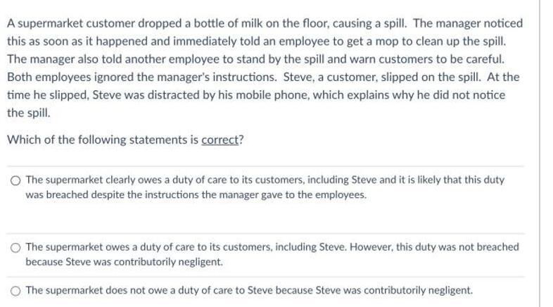 A supermarket customer dropped a bottle of milk