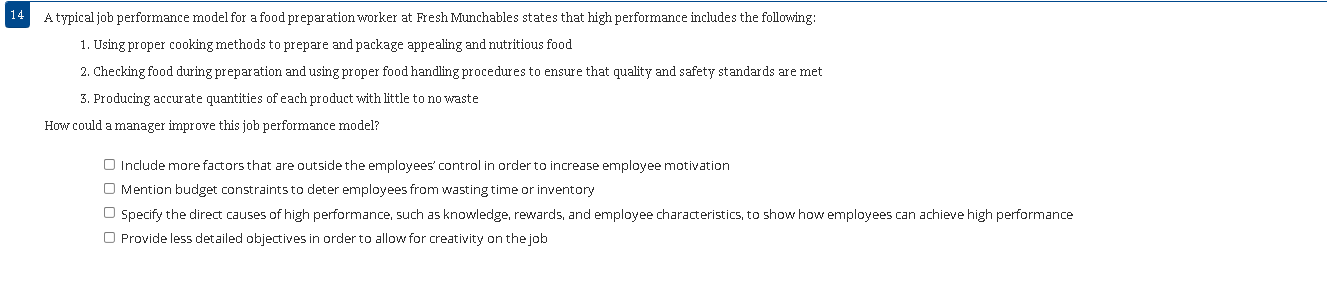 14 A typical job performance model for a food