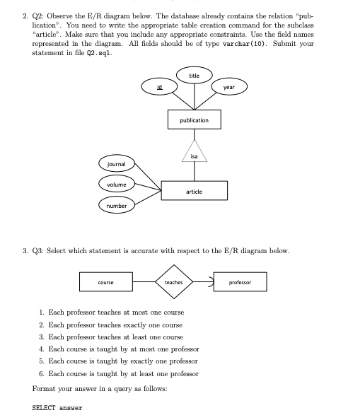 SQL 2. Q2: Observe the E/R diagram below. The