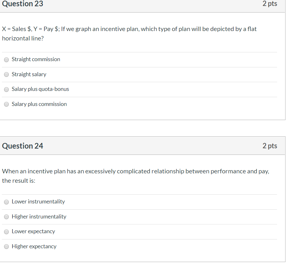 Question 23 2 pts X = Sales $, Y = Pay $; If we