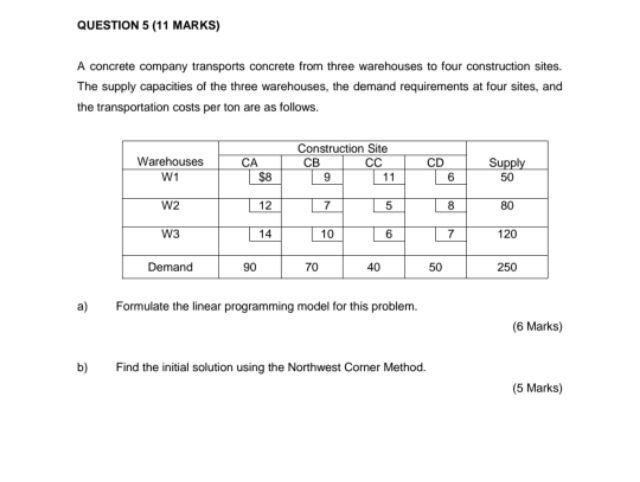 QUESTION 5 (11 MARKS) A concrete company