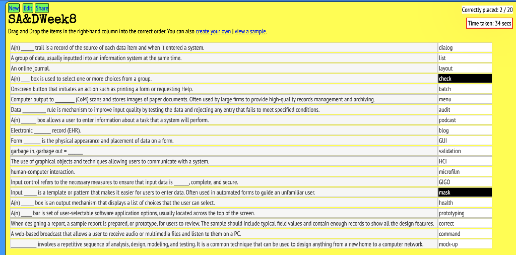 Need Solution Correctly placed: 2/20 New Edit