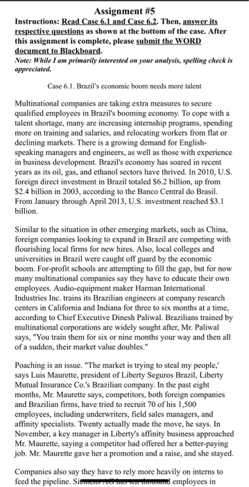 Assignment #5 Instructions: Read Case 6.1 and