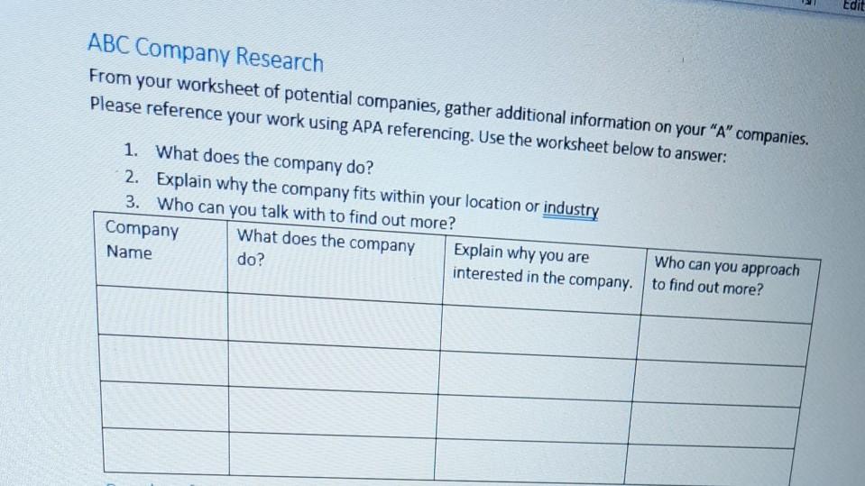Edit ABC Company Research From your worksheet of