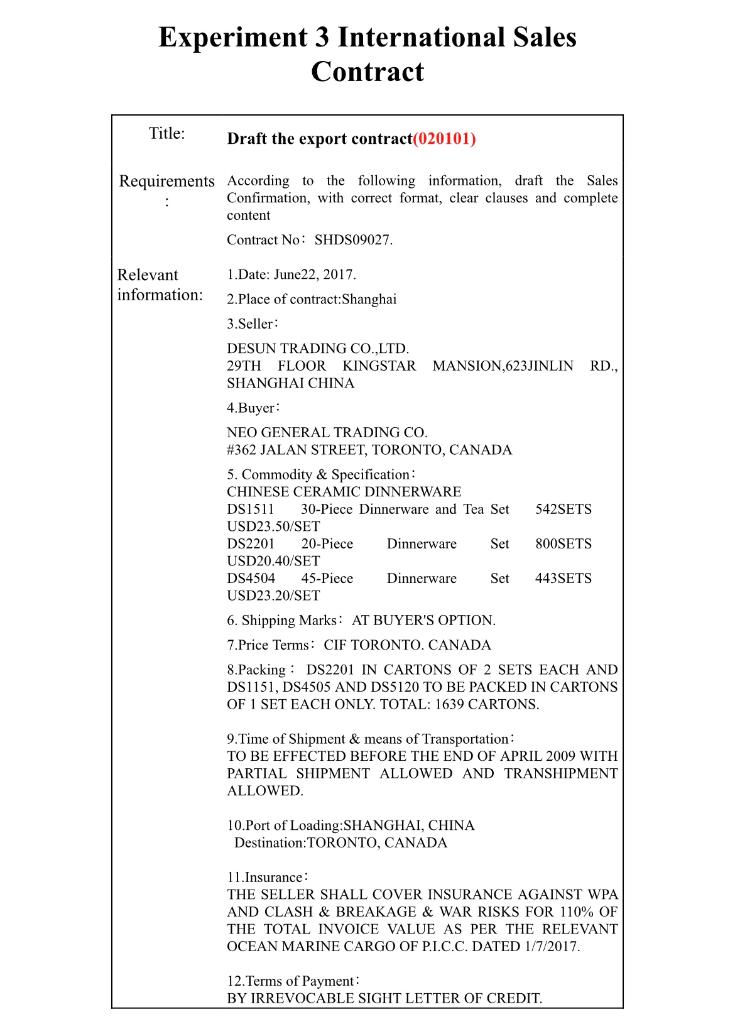 Experiment 3 International Sales Contract