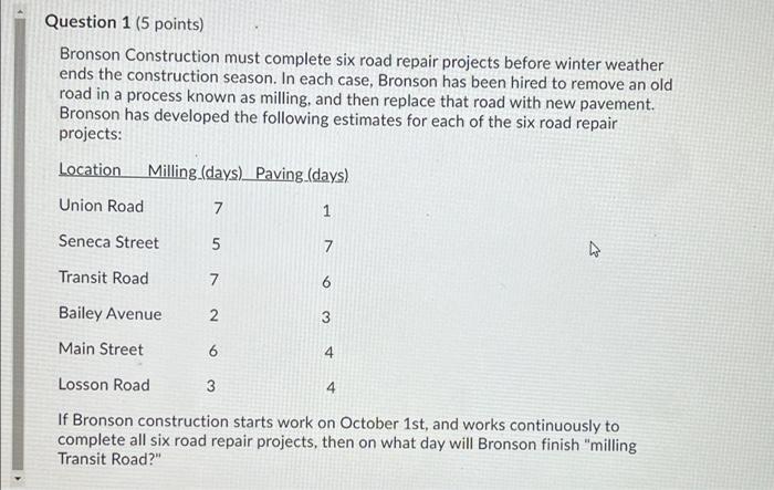 Question 1 (5 points) Bronson Construction must