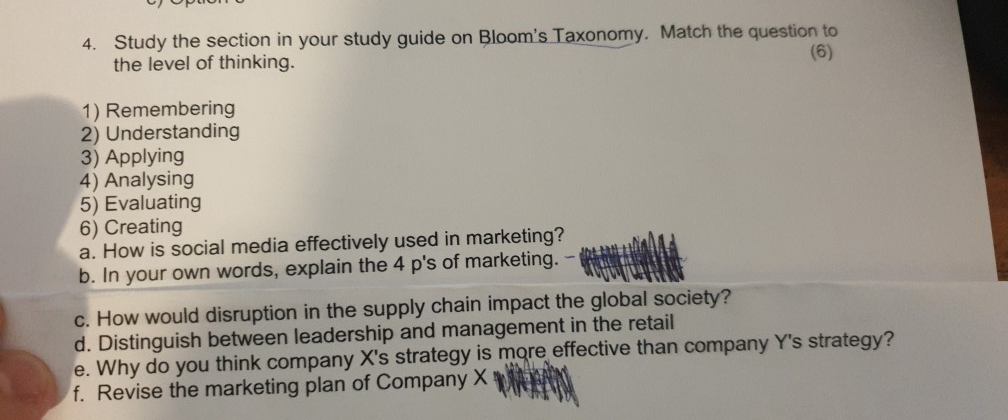 using blooms taxonomy could you please match the