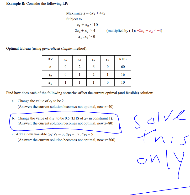 post optimal analysis solve part b only Example
