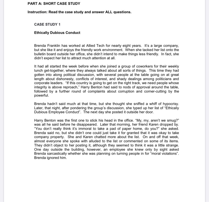 PART A: SHORT CASE STUDY Instruction: Read the