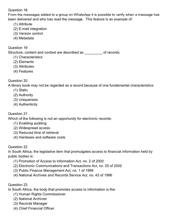 Answer the following multiple choice; Question 1