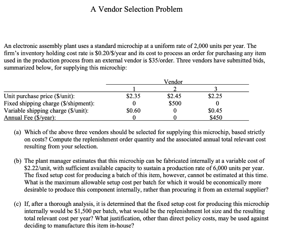 undefined A Vendor Selection Problem An