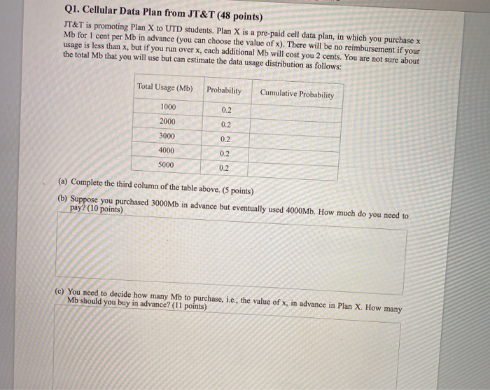 Q1. Cellular Data Plan from JT&T (48 points) JT&T