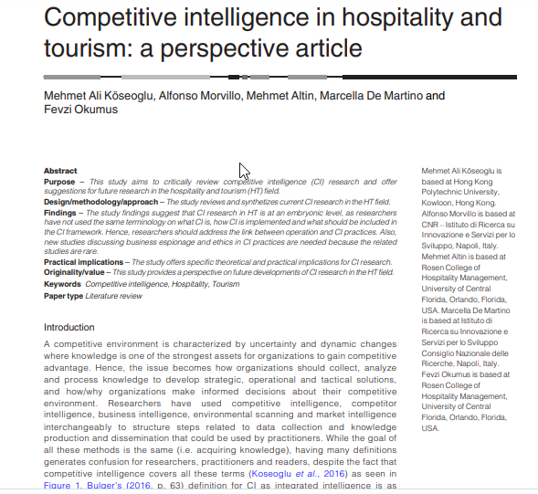 Topic : Competitive intelligence in hospitality