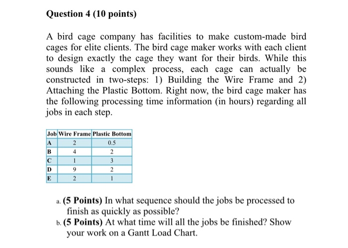 Question 4 (10 points) A bird cage company has