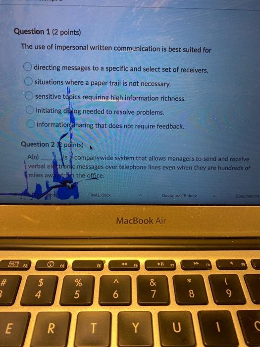 Question 1 (2 points) The use of impersonal