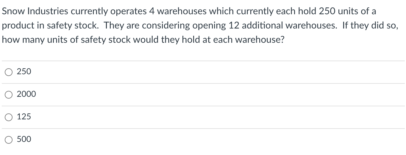 Snow Industries currently operates 4 warehouses