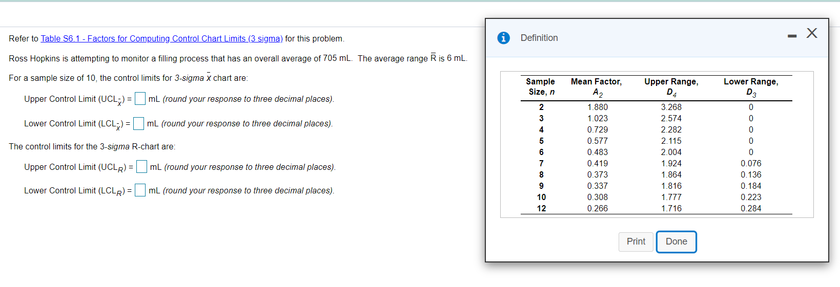 Refer to Table S6.1 - Factors for Computing