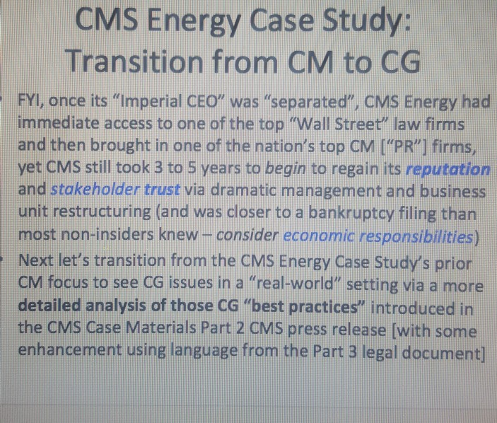 how does the case CMS Corporate Governance best