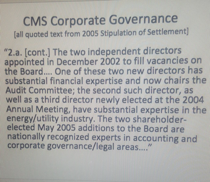 how does the case CMS Corporate Governance best