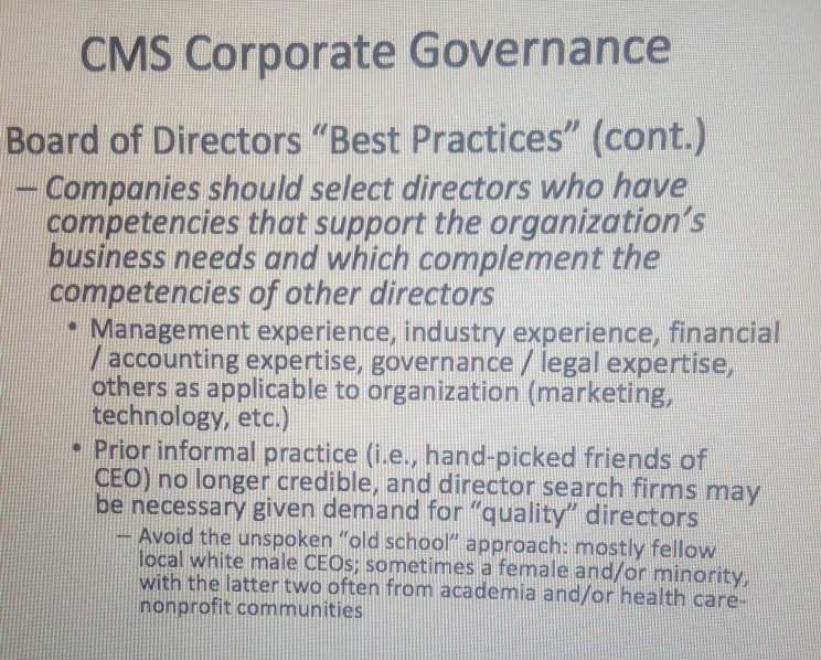 how does the case CMS Corporate Governance best