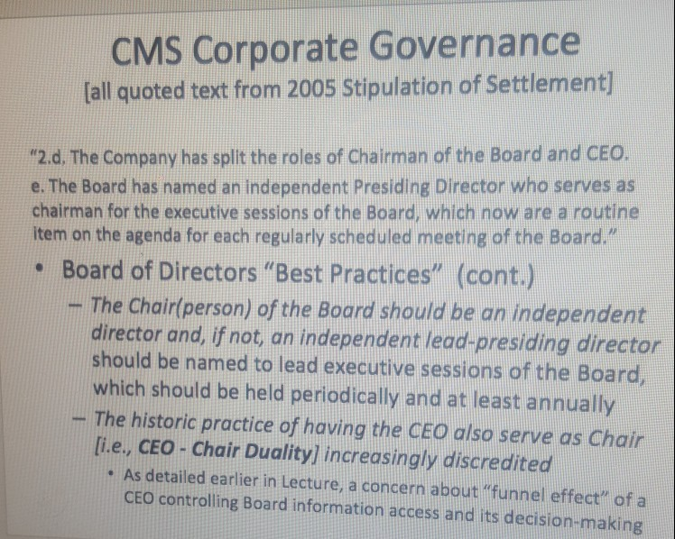 how does the case CMS Corporate Governance best