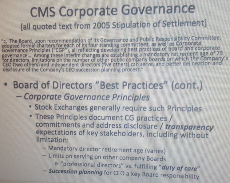 how does the case CMS Corporate Governance best