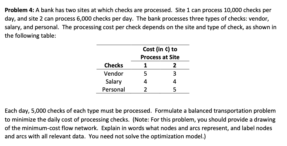 Problem 4: A bank has two sites at which checks