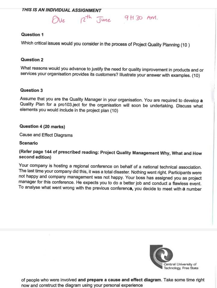 THIS IS AN INDIVIDUAL ASSIGNMENT Que 12th June 9H