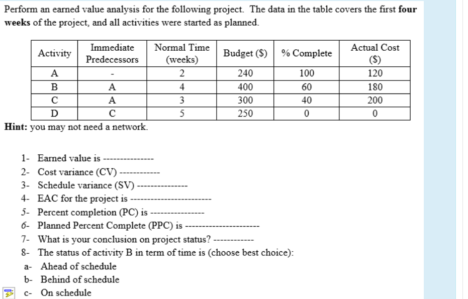 Perform an earned value analysis for the