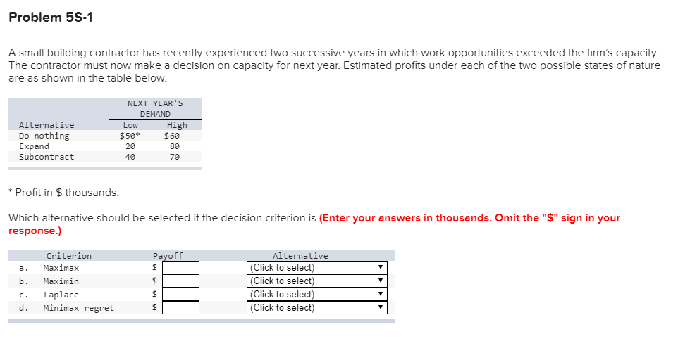 Problem 5S-1 A small building contractor has
