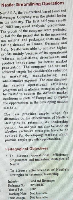 please make a case study Nestle: Streamlining