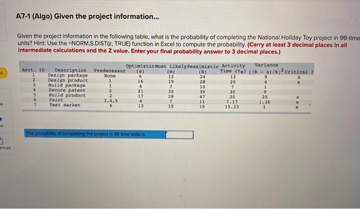A7-1 (Algo) Given the project information...