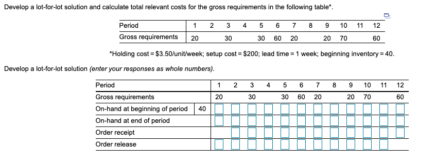 Develop a lot-for-lot solution and calculate