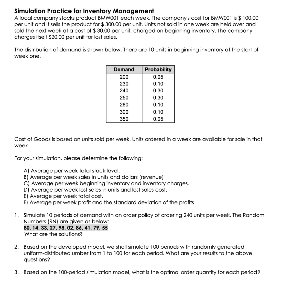 Inventory Management via Simulation (Please