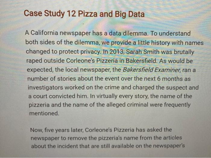 125 words Case Study 12 Pizza and Big Data A