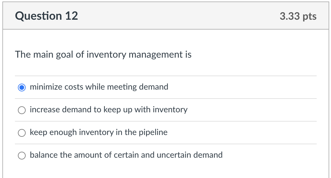 Question 12 3.33 pts The main goal of inventory