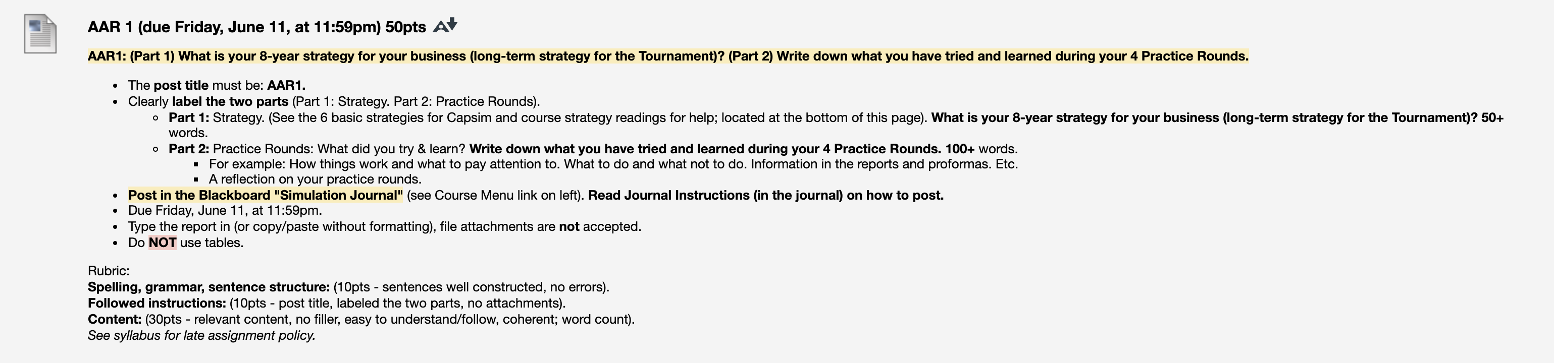 AAR 1 (due Friday, June 11, at 11:59pm) 50pts A