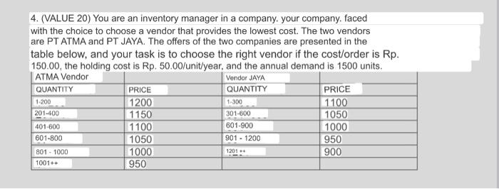 4. (VALUE 20) You are an inventory manager in a