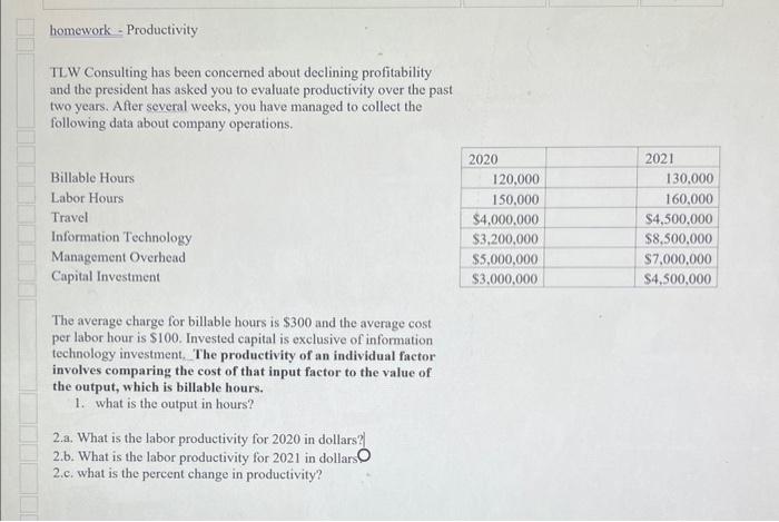 homework - Productivity TLW Consulting has been