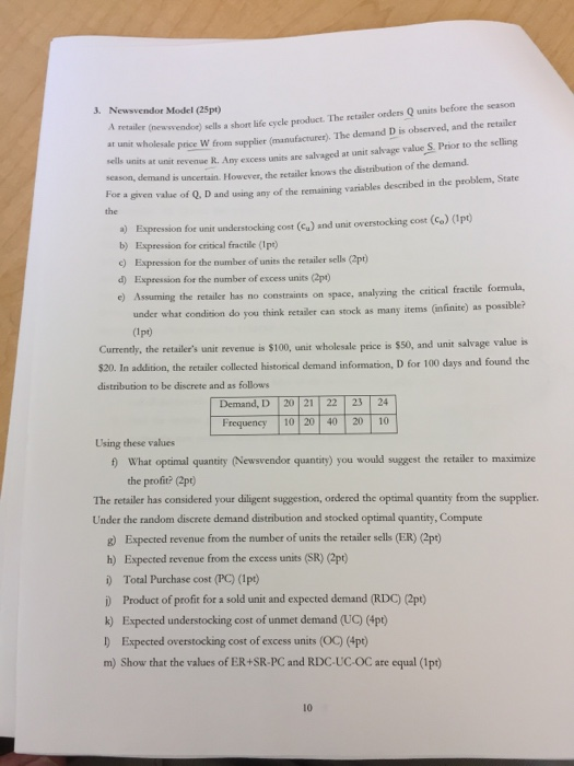 3. Newsvendor Model (25pt) retailer (new vendor)