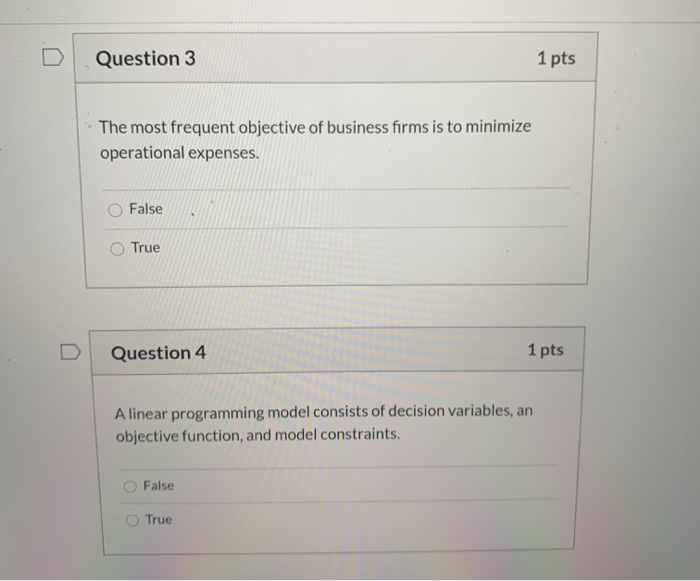 Question 1 1 pts Linear programming is a