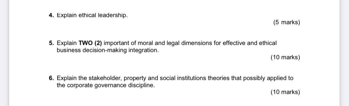 4. Explain ethical leadership. (5 marks) 5.