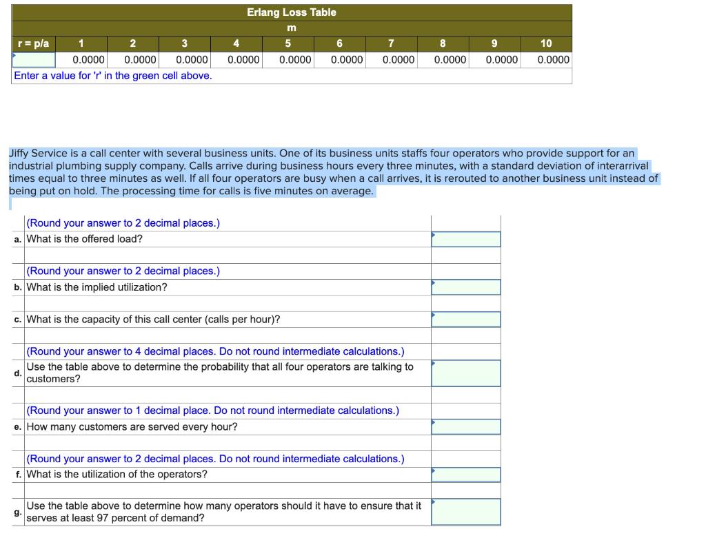 Erlang Loss Table m 1 r = pla 2 3 4 5 6 8 10 7